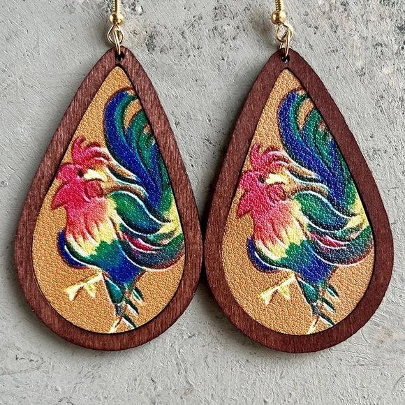 Fourty Dreams Boutique Jewelry - New Rooster wooden teardrop earrings